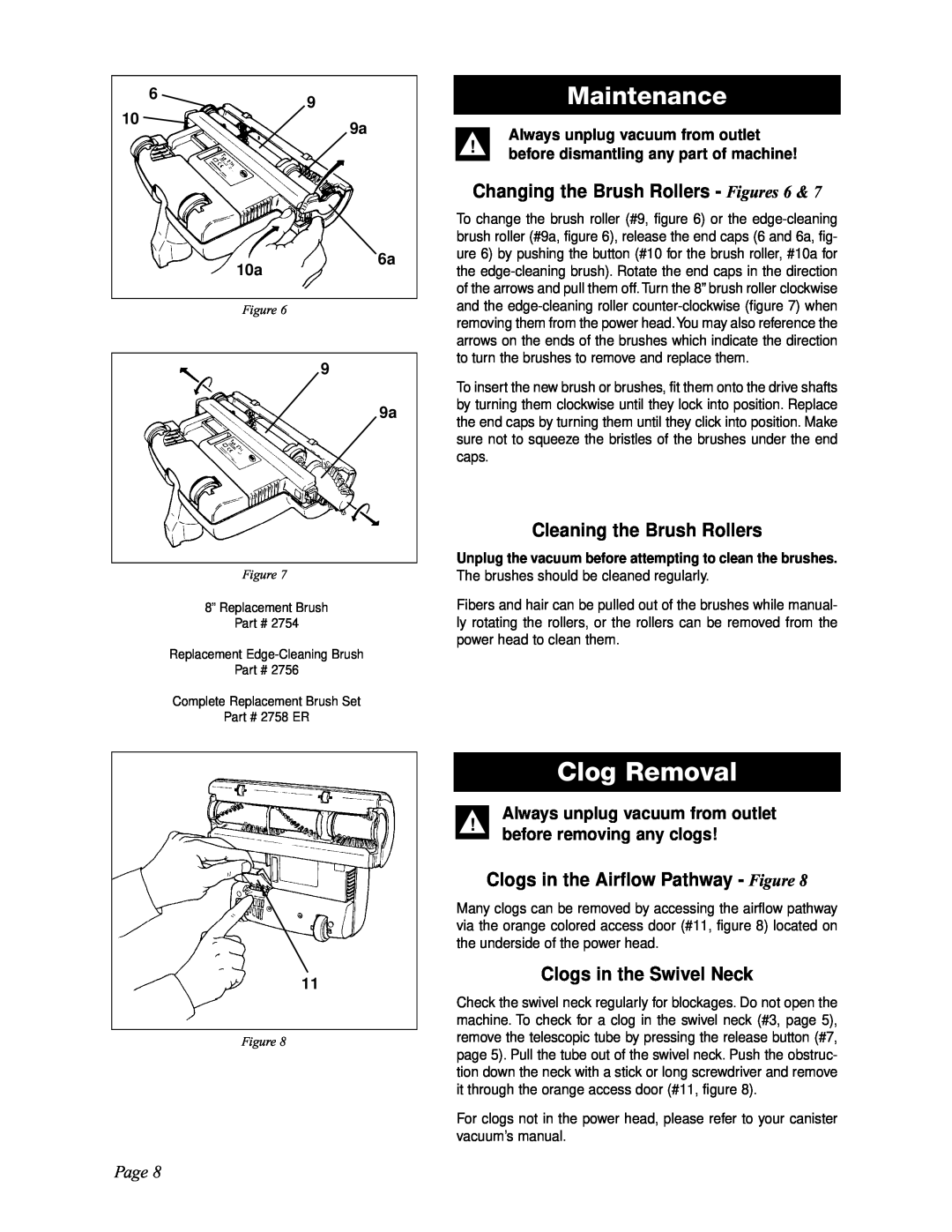 Sebo ET-H Maintenance, Changing the Brush Rollers - Figures 6, Cleaning the Brush Rollers, Clogs in the Swivel Neck, Page 