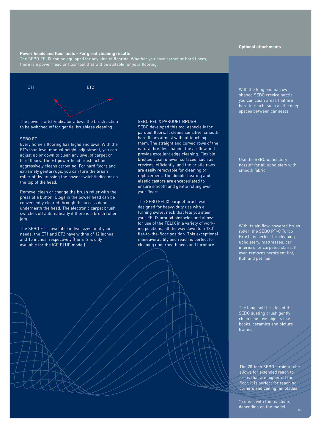 Sebo FELIX manual Power heads and floor tools For great cleaning results, Optional attachments 