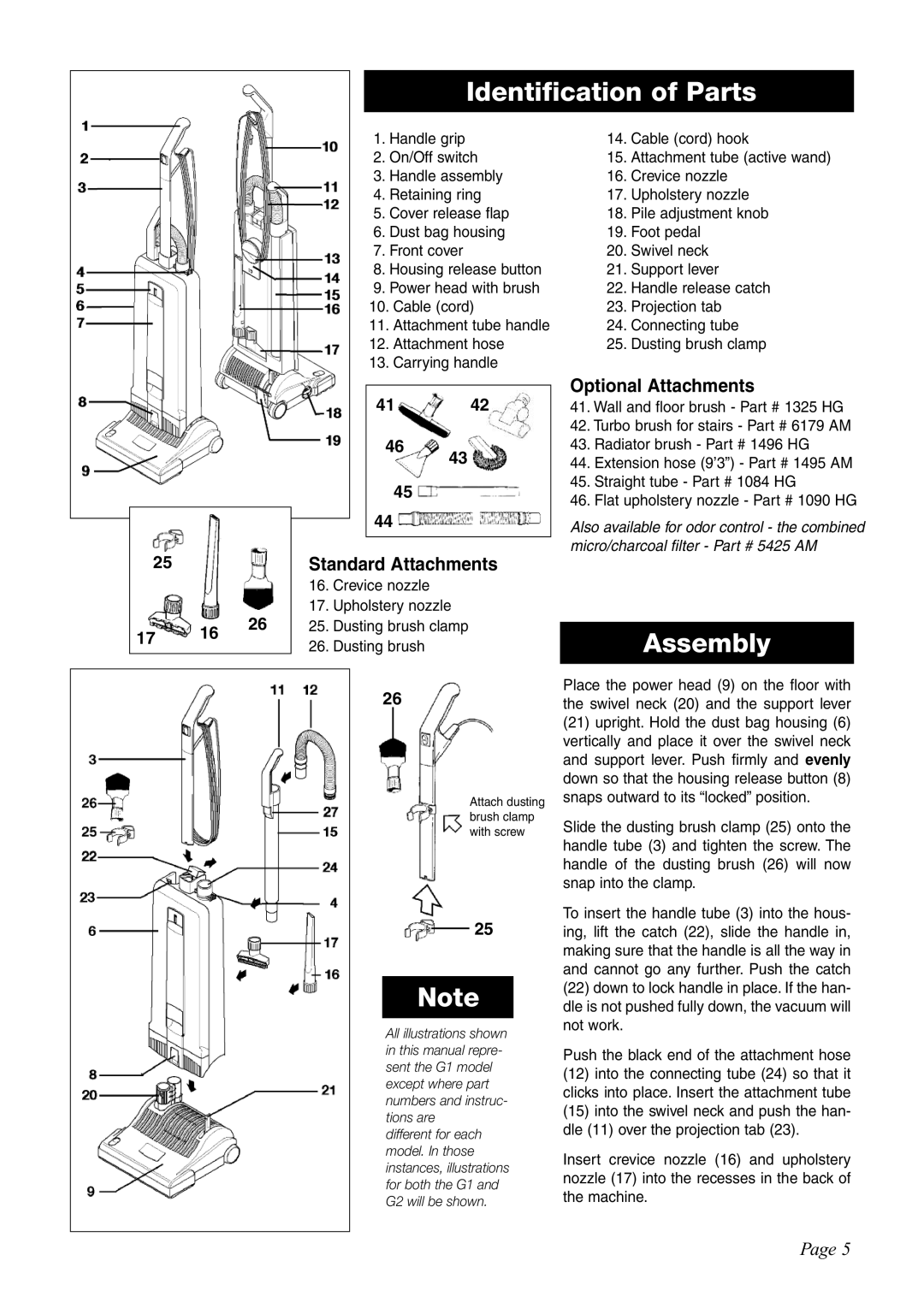 Sebo G-SERIES manual Identification of Parts, Assembly 