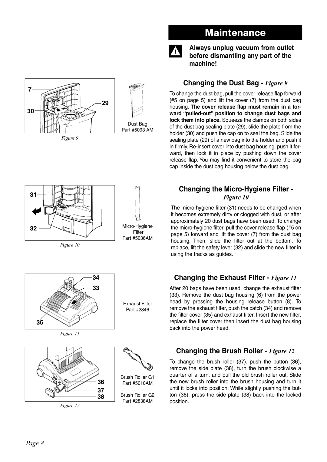 Sebo G-SERIES manual Maintenance, Changing the Dust Bag Figure, Changing the Micro-Hygiene Filter 