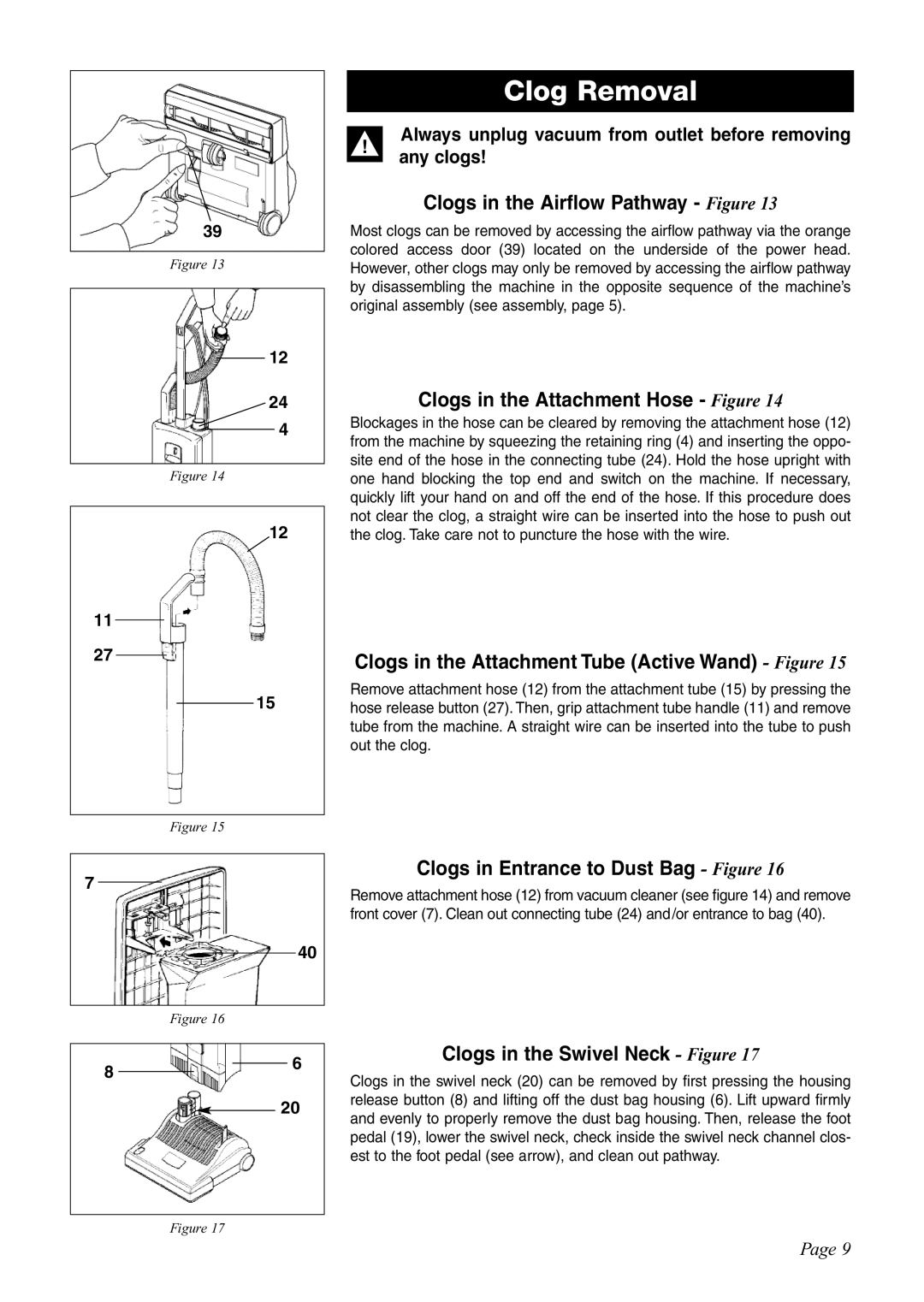 Sebo G-SERIES Clogs in the Airflow Pathway Figure, Clogs in the Attachment Hose Figure, Clogs in the Swivel Neck Figure 