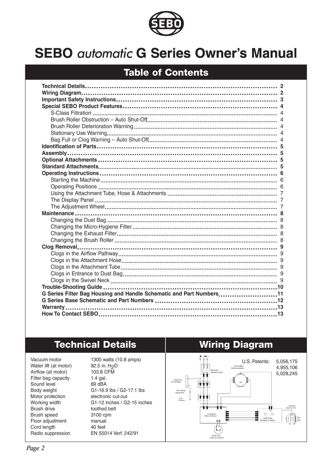 Sebo G-SERIES manual Table of Contents, Technical Details, Wiring Diagram, Page 