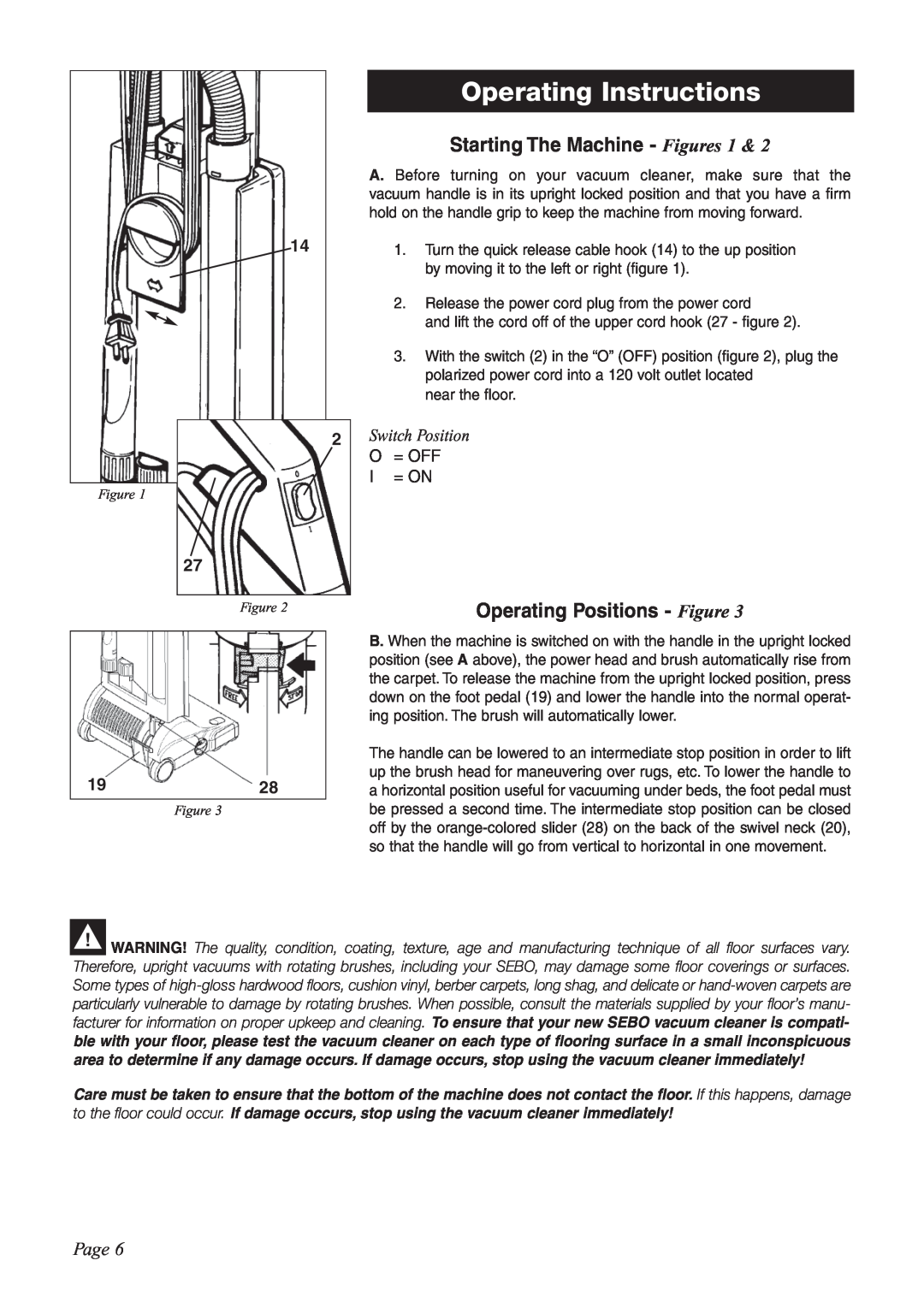Sebo G-SERIES Operating Instructions, Starting The Machine - Figures, Operating Positions - Figure, Page, Switch Position 