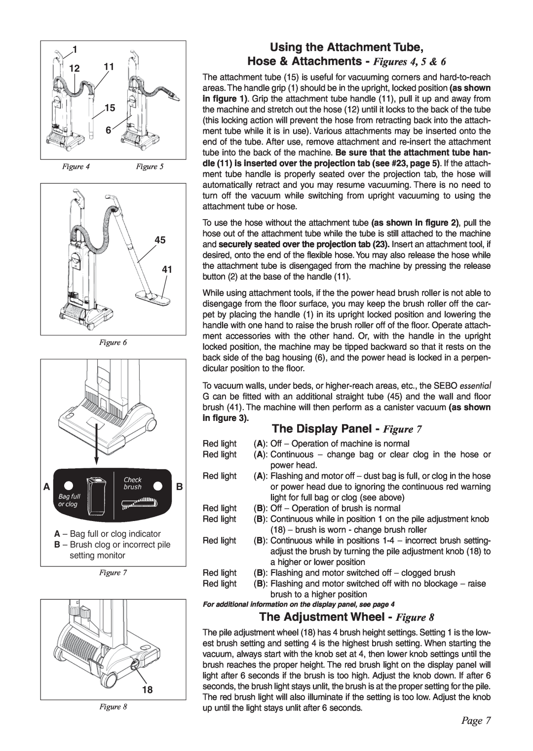 Sebo G-SERIES manual Using the Attachment Tube, Hose & Attachments - Figures, The Display Panel - Figure, Page 