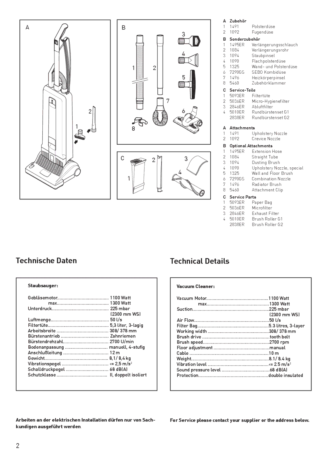 Sebo G1, G2 instruction manual Technische Daten, Technical Details 