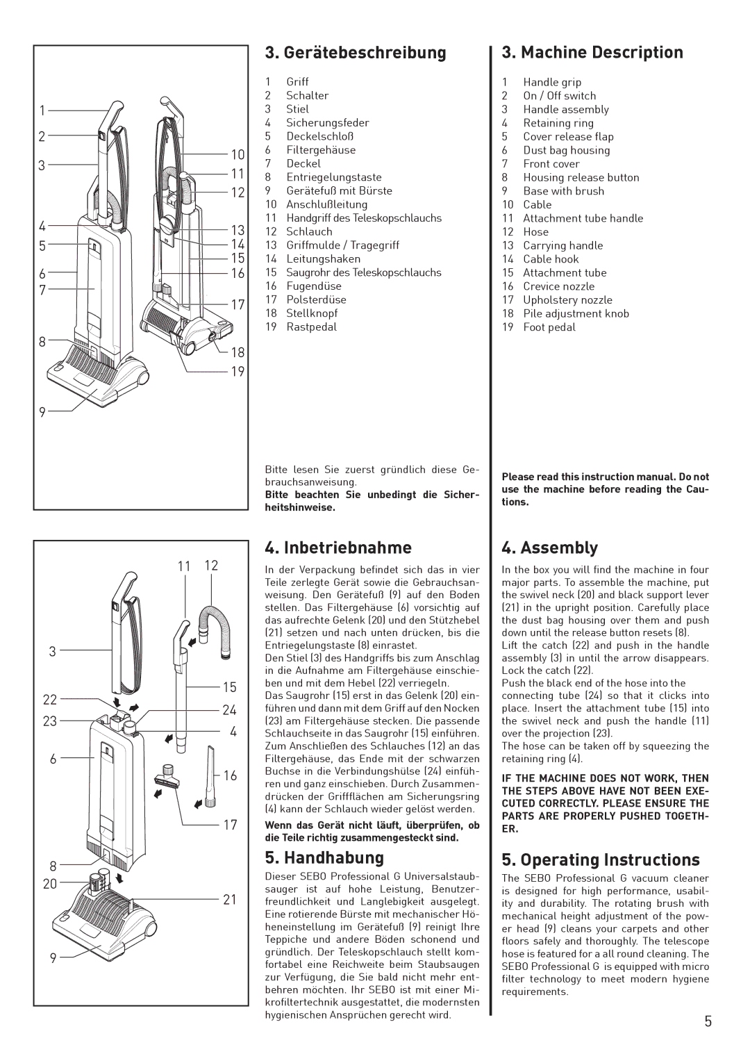 Sebo G2, G1 Gerätebeschreibung, Inbetriebnahme, Handhabung, Machine Description, Assembly, Operating Instructions 