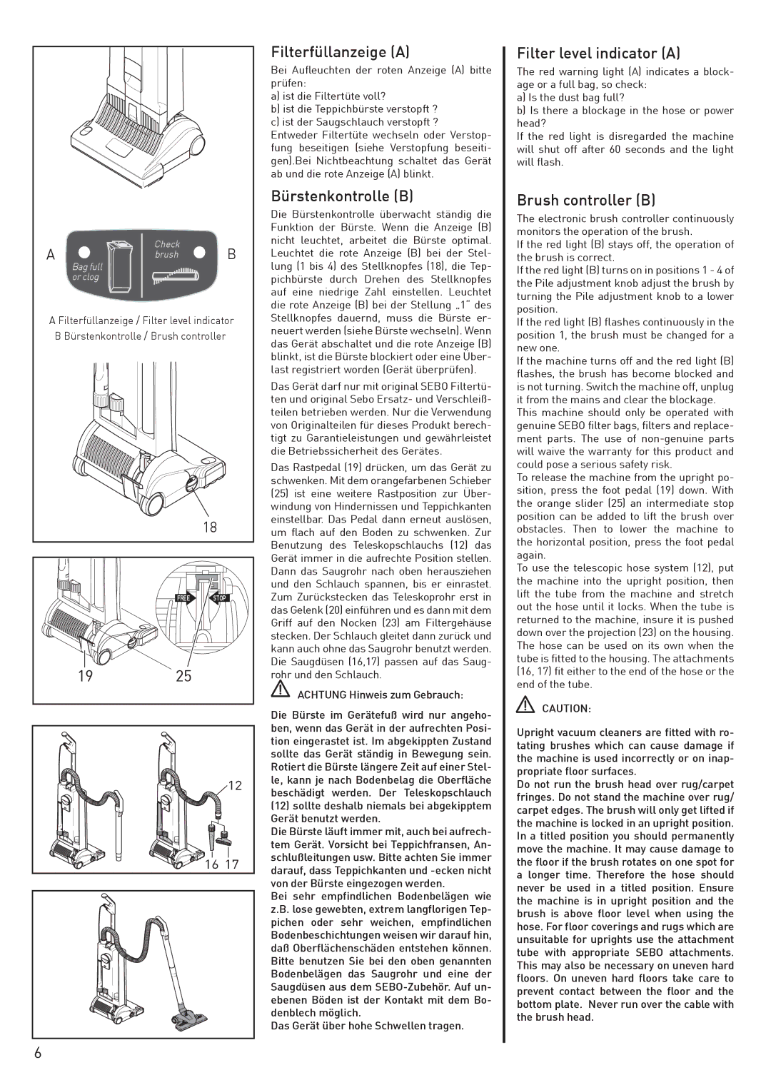 Sebo G1, G2 instruction manual Filterfüllanzeige a, Bürstenkontrolle B, Filter level indicator a, Brush controller B 