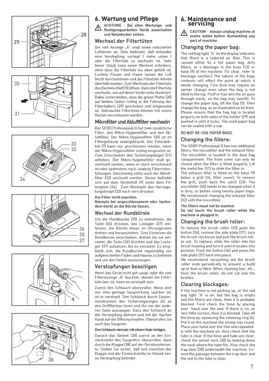 Sebo G2, G1 instruction manual Wartung und Pflege, Maintenance and servicing 