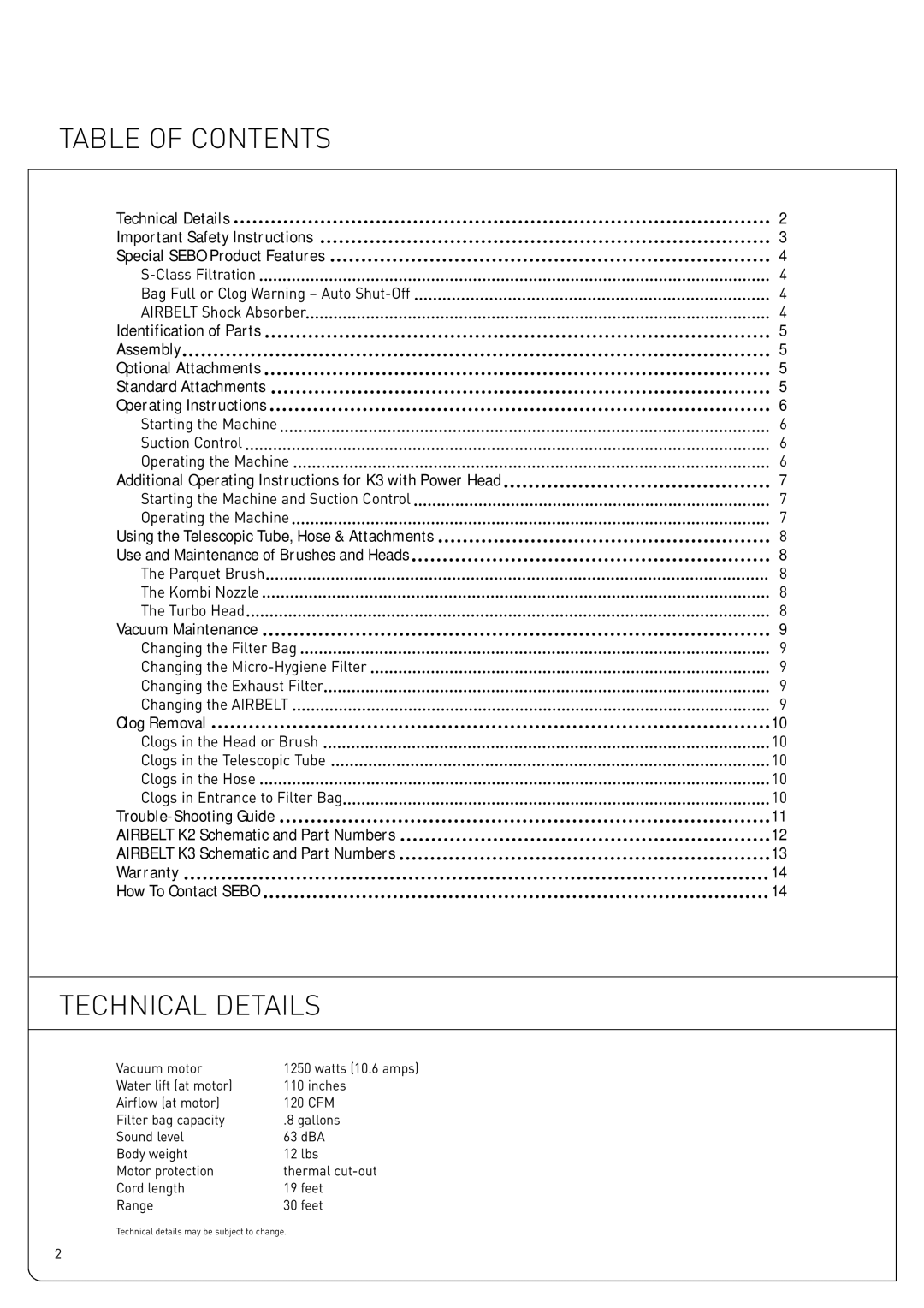 Sebo K owner manual Table of Contents, Technical Details 