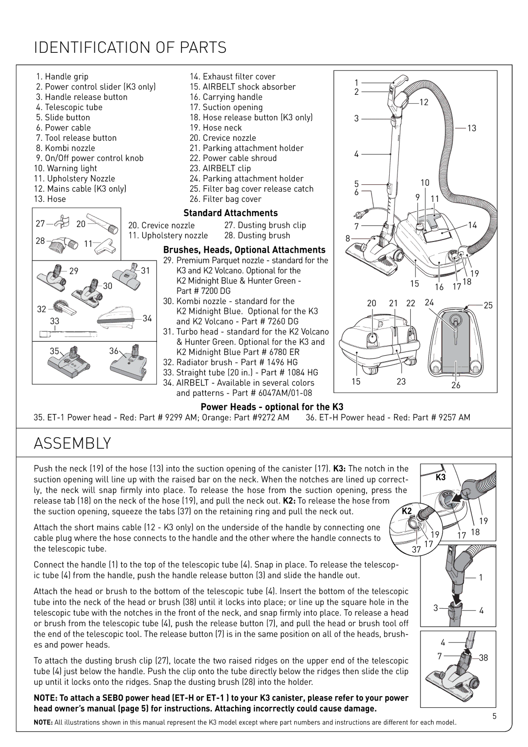 Sebo K owner manual Identification of Parts, Assembly 