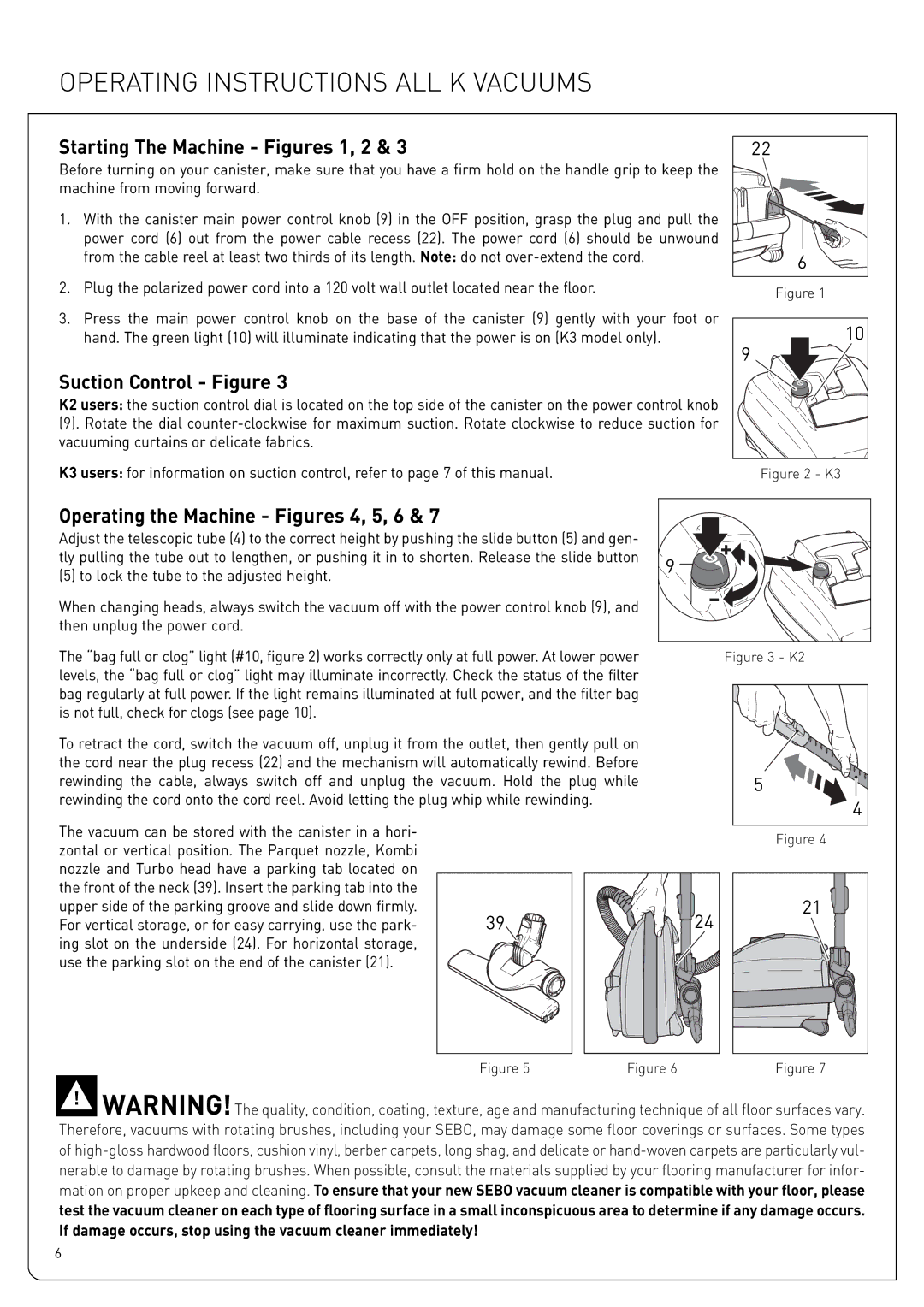 Sebo K owner manual Starting The Machine Figures 1, 2, Suction Control Figure, Operating the Machine Figures 4, 5, 6 