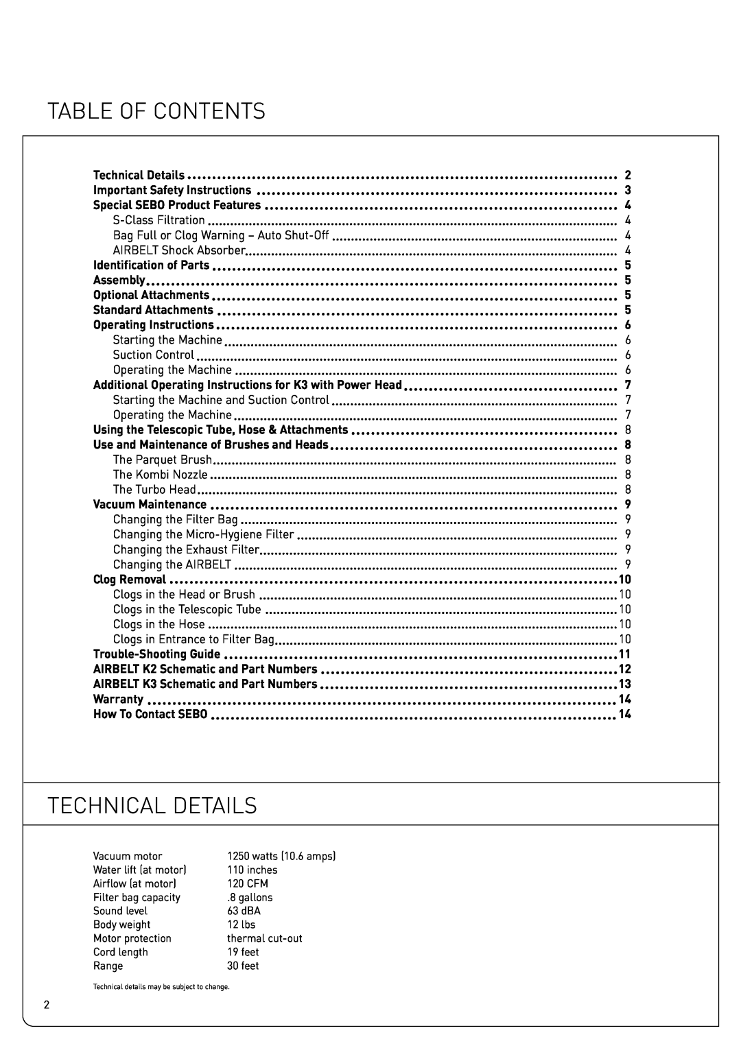 Sebo K owner manual Table Of Contents, Technical Details 