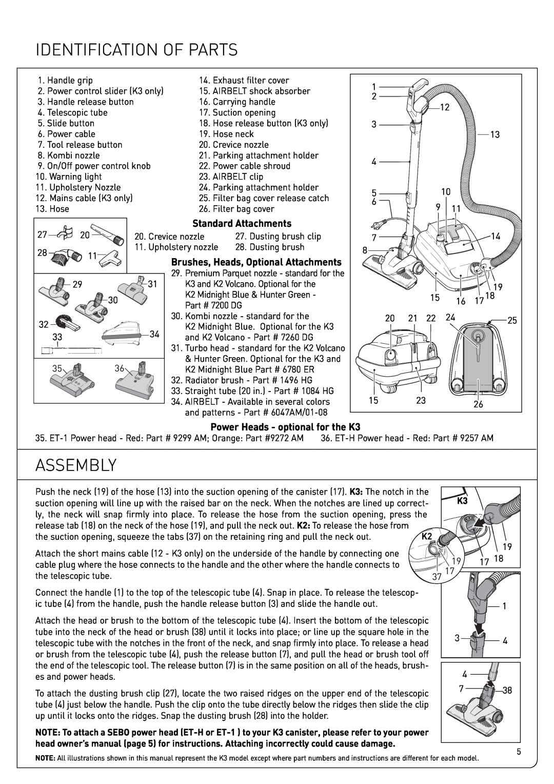 Sebo owner manual Identification Of Parts, Assembly, Power Heads - optional for the K3 
