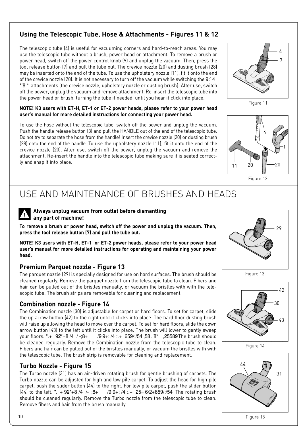 Sebo K3, K2 owner manual USE and Maintenance of Brushes and Heads, Using the Telescopic Tube, Hose & Attachments Figures 11 