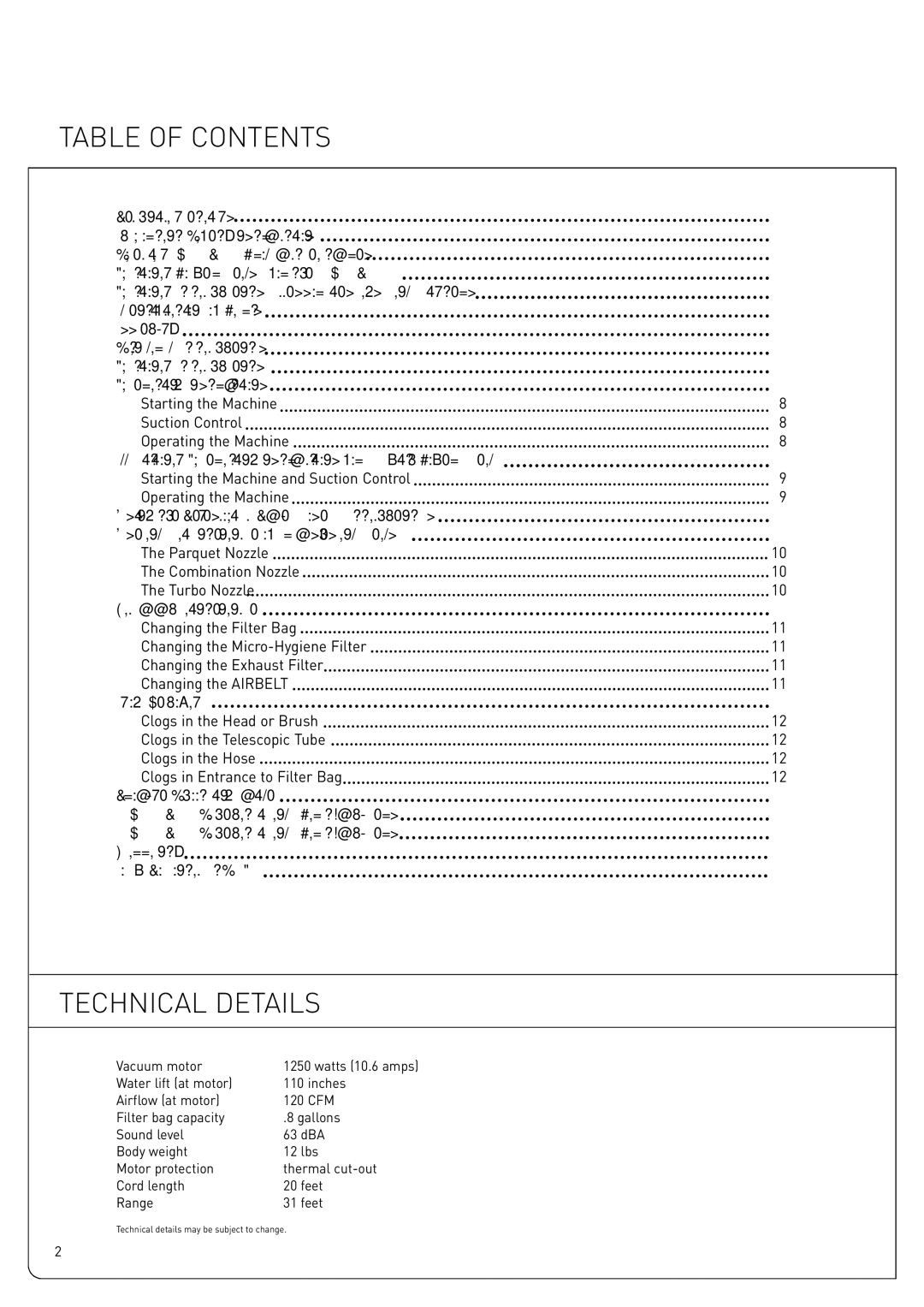 Sebo K3, K2 owner manual Table of Contents, Technical Details 