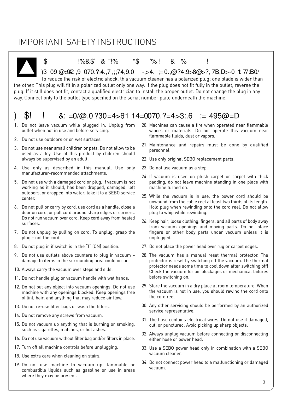 Sebo K2, K3 owner manual Important Safety Instructions, Read ALL Instructions Before Using this Machine 