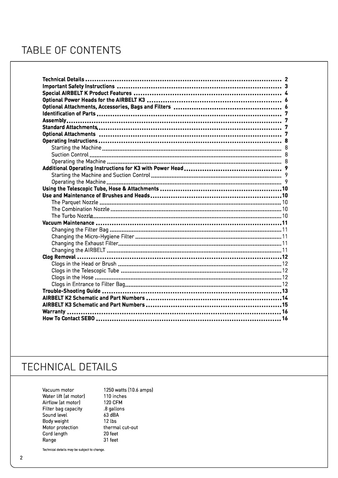 Sebo K3, K2 owner manual Table Of Contents, Technical Details 