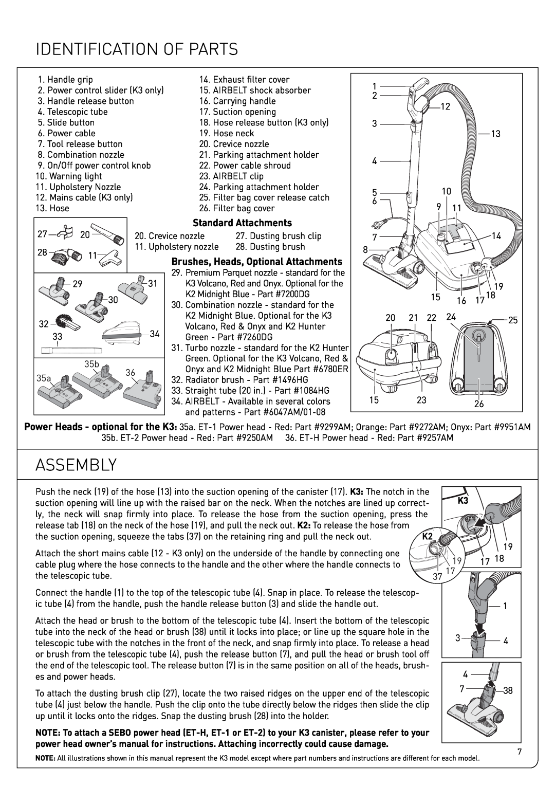 Sebo K2, K3 owner manual Identification Of Parts, Assembly, Standard Attachments 