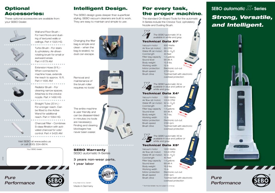 Sebo X Series warranty Optional Accessories, Intelligent Design, For every task Proper machine, Sebo Warranty 