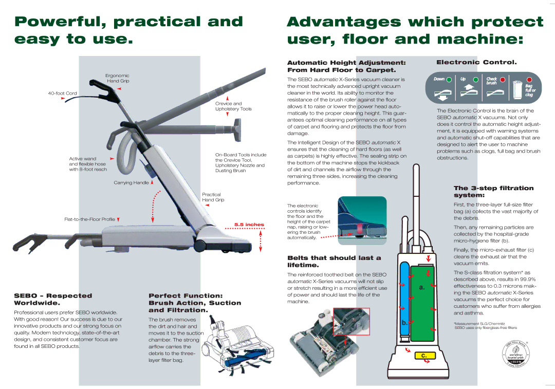 Sebo X Series warranty Powerful, practical and easy to use, Advantages which protect user, floor and machine 