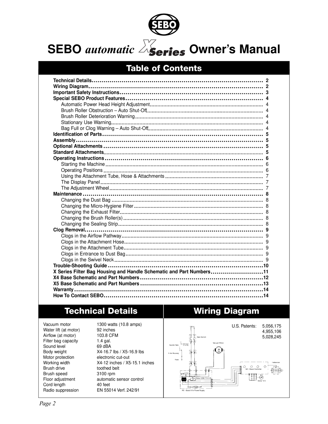 Sebo X5, X4 manual Table of Contents, Technical Details, Wiring Diagram 