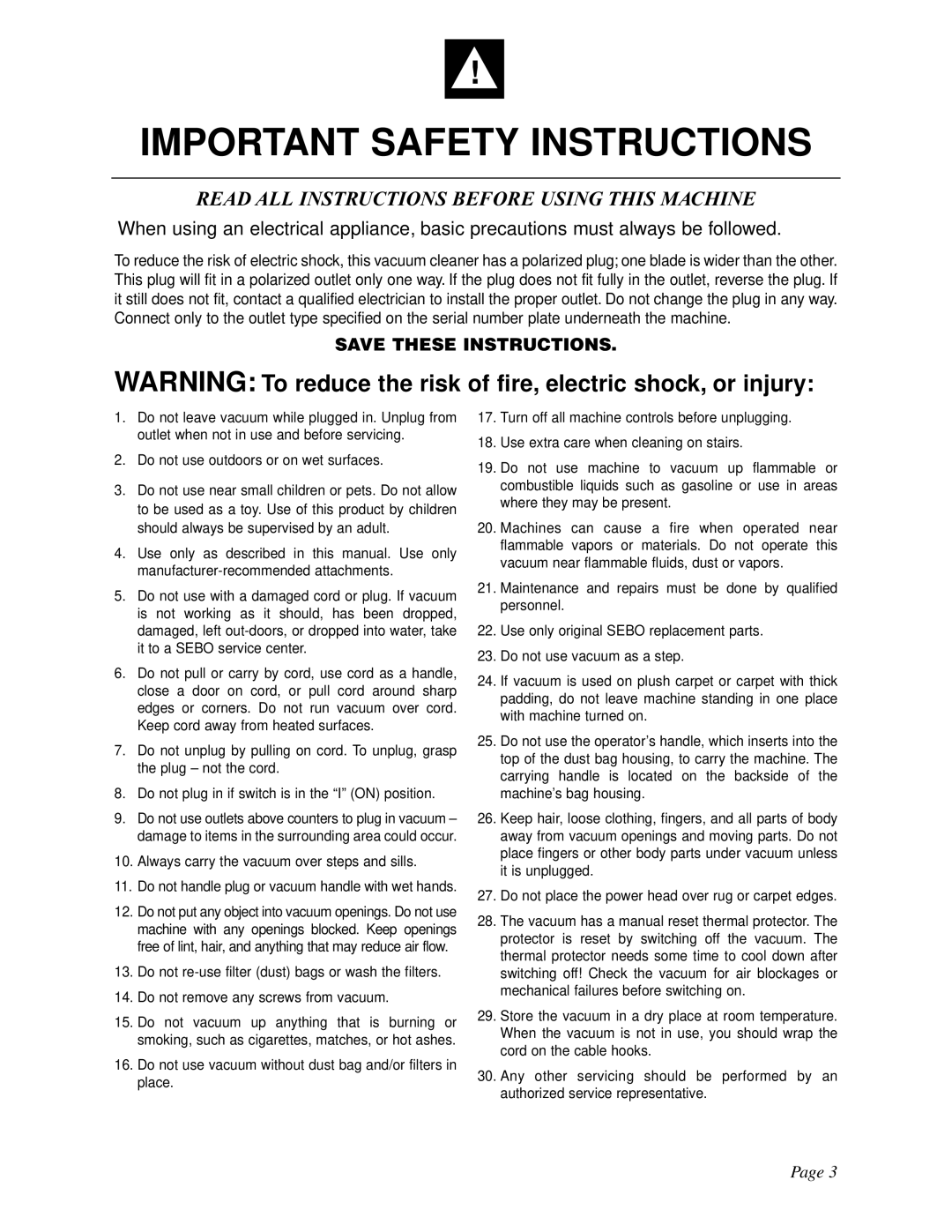 Sebo X4, X5 manual Important Safety Instructions 