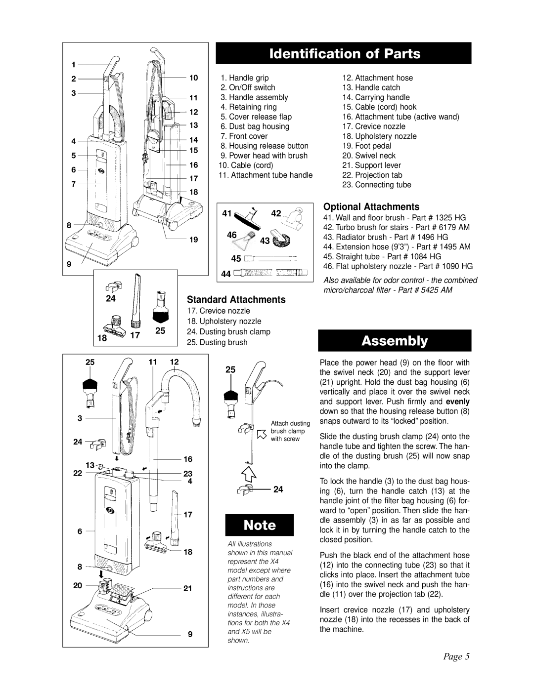 Sebo X4, X5 manual Identification of Parts, Assembly 