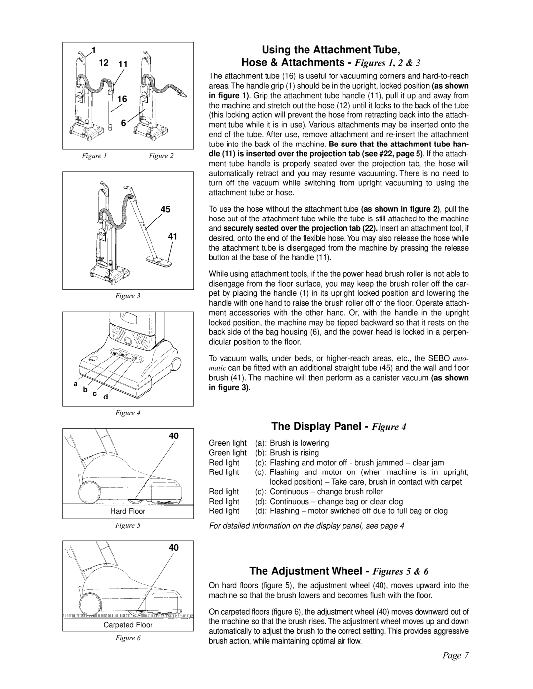 Sebo X4, X5 Using the Attachment Tube Hose & Attachments Figures 1, 2, Display Panel Figure, Adjustment Wheel Figures 5 