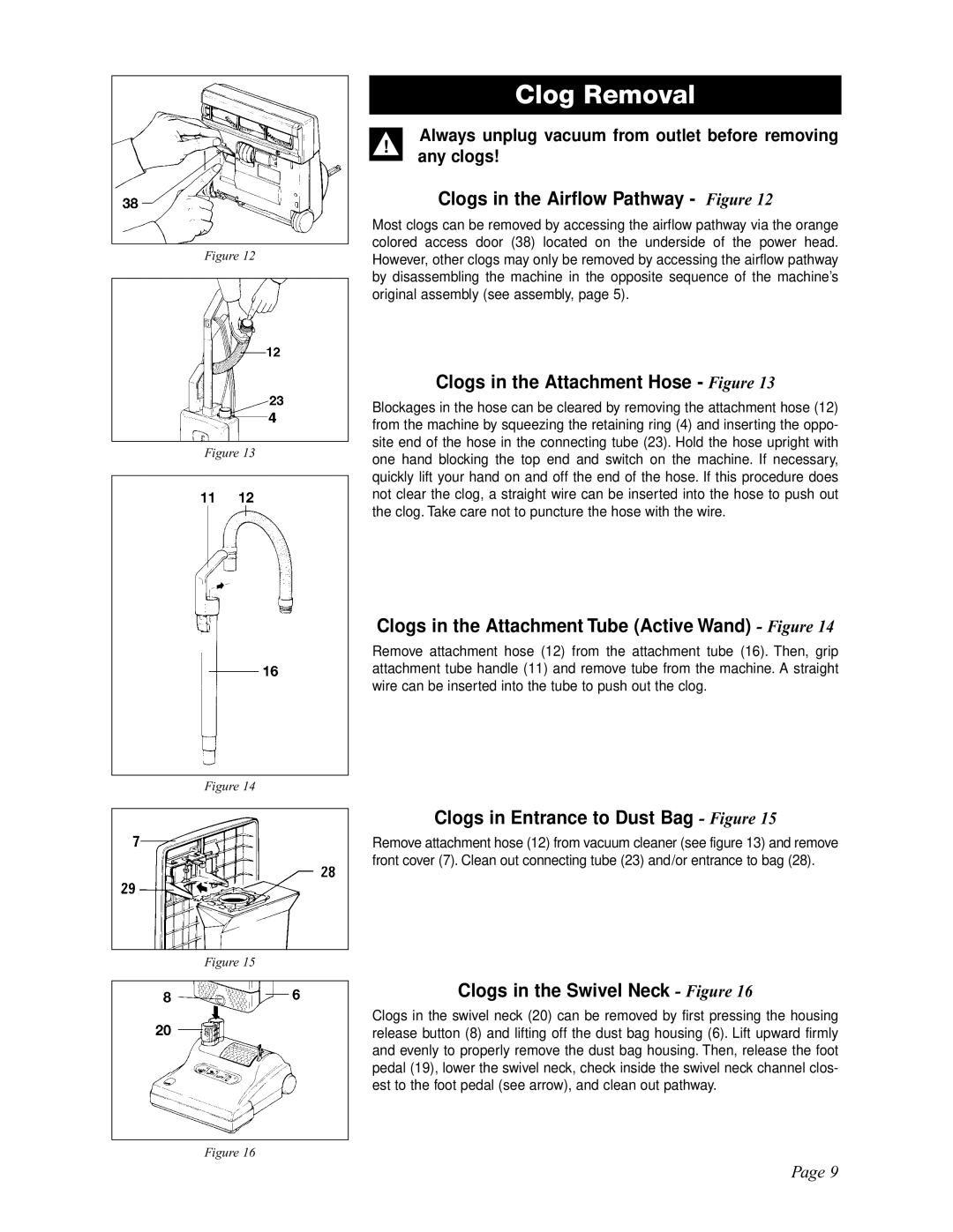 Sebo X4, X5 Clogs in the Airflow Pathway Figure, Clogs in the Attachment Hose Figure, Clogs in Entrance to Dust Bag Figure 