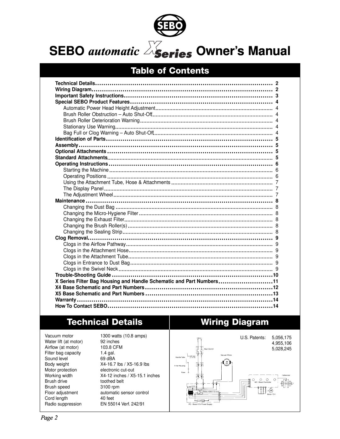 Sebo X5, X4 manual Table of Contents, Technical Details, Wiring Diagram, Page, Series 
