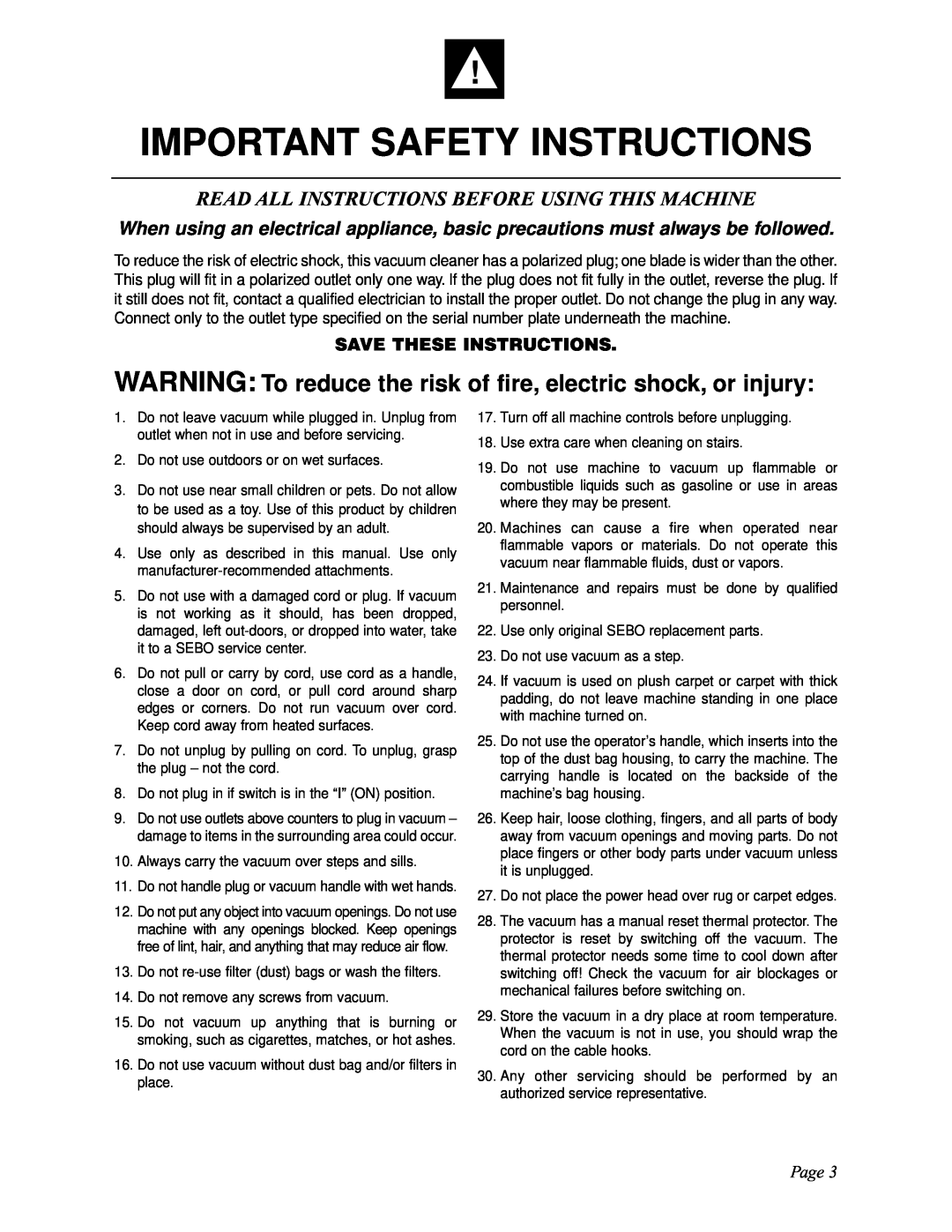 Sebo X4, X5 Important Safety Instructions, Read All Instructions Before Using This Machine, Save These Instructions, Page 