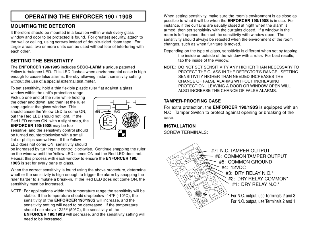 SECO-LARM USA manual Operating the Enforcer 190 / 190S, Mounting the Detector, Setting the Sensitivity 