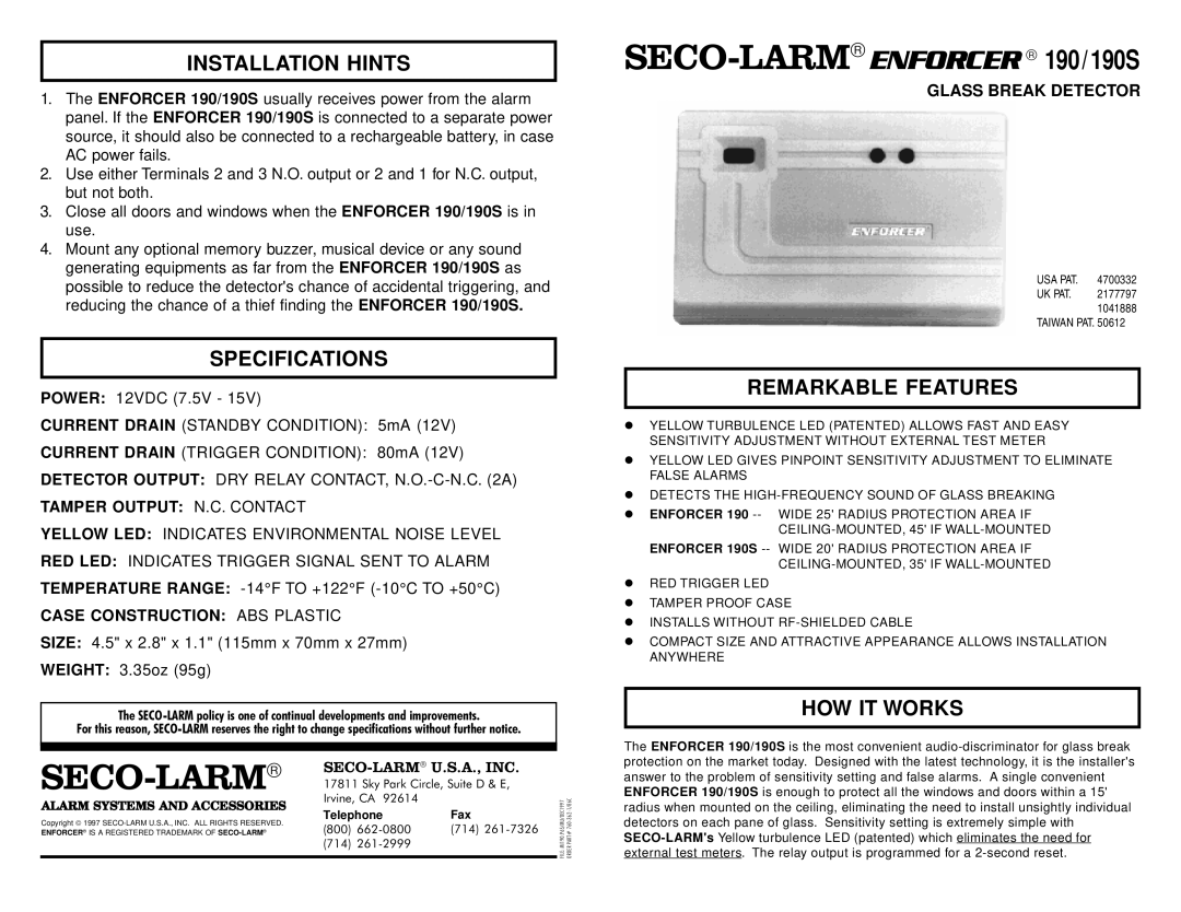 SECO-LARM USA 190S manual Installation Hints, Specifications, Remarkable Features, HOW IT Works 