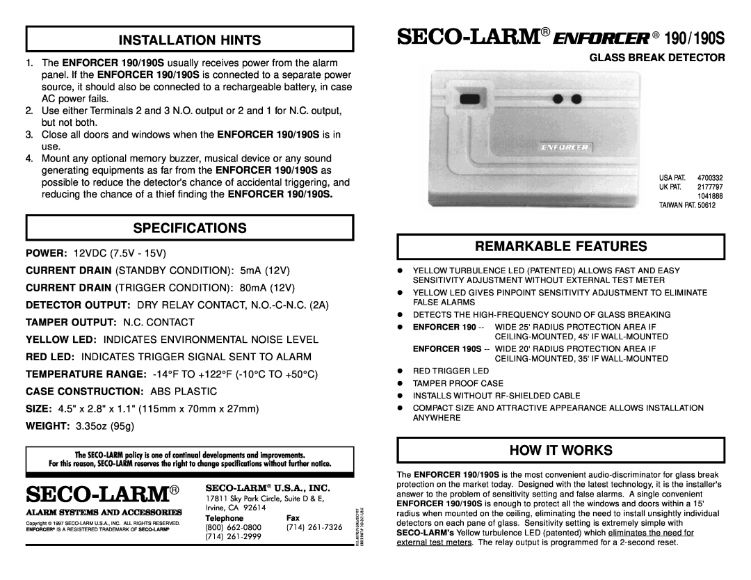 SECO-LARM USA 190 Installation Hints, Specifications, Remarkable Features, How It Works, Glass Break Detector, SECO-LARMâ 