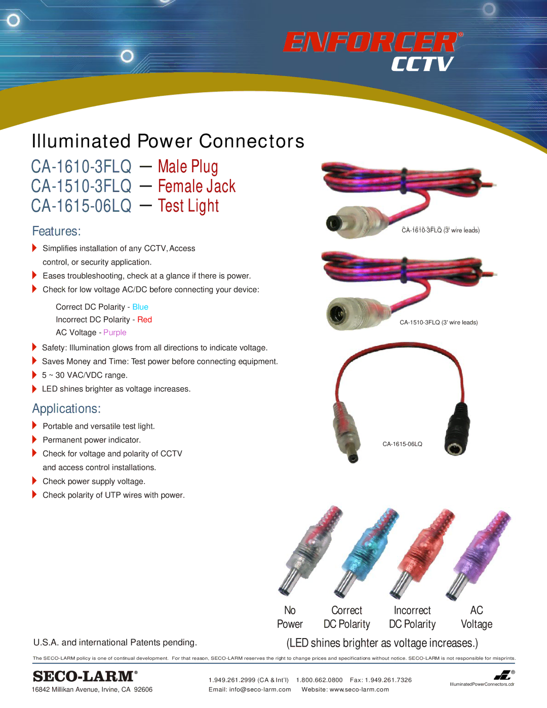 SECO-LARM USA CA-1610-3FLQ, CA-1615-06LQ technical specifications Illuminated Power Connectors, Features, Applications 