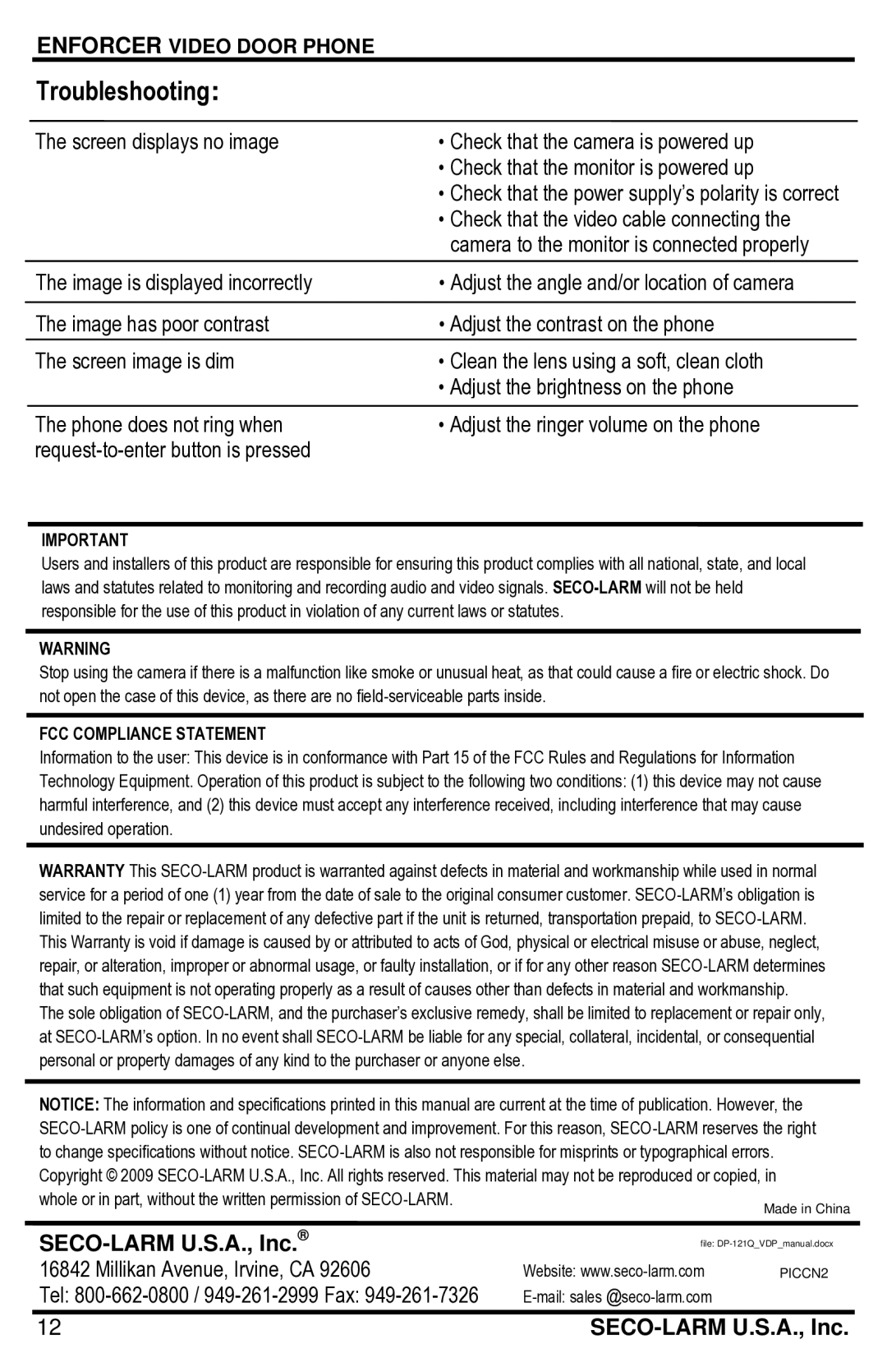 SECO-LARM USA DP-121Q manual Troubleshooting, FCC Compliance Statement 