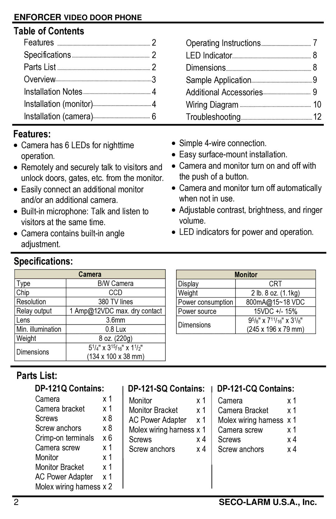 SECO-LARM USA DP-121Q manual Table of Contents, Features, Specifications, Parts List 