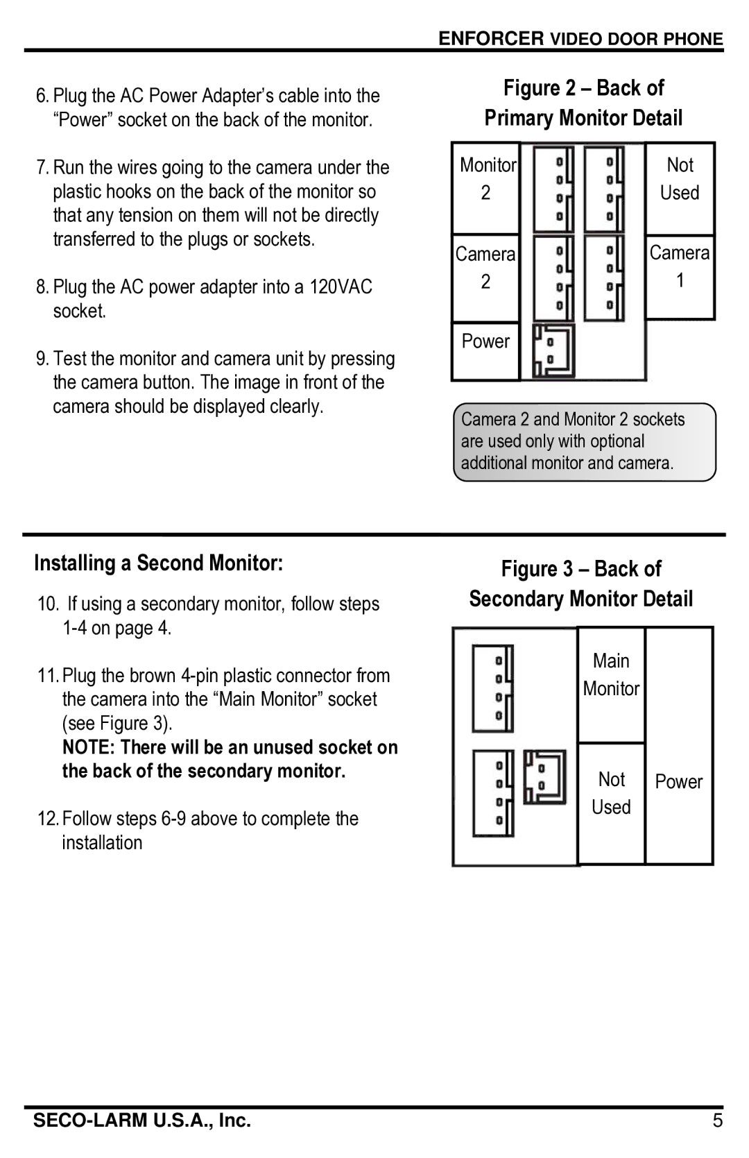 SECO-LARM USA DP-121Q manual Installing a Second Monitor, Secondary Monitor Detail, Back of the secondary monitor 