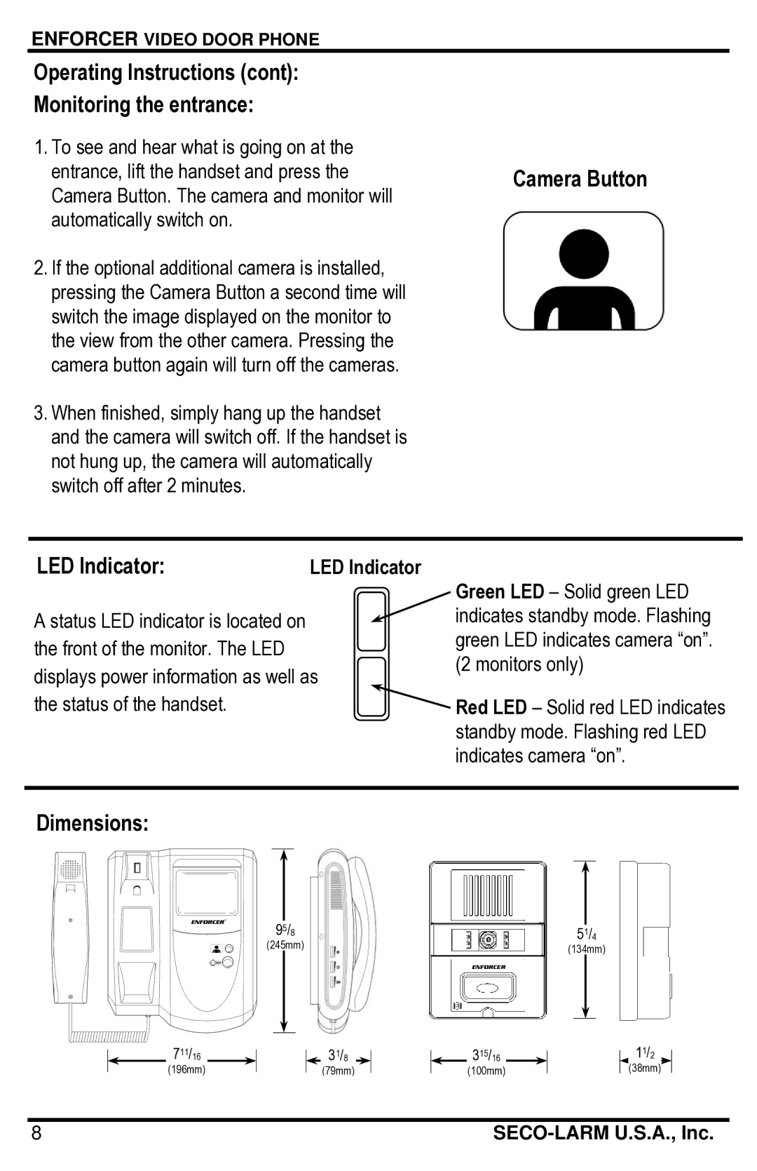 SECO-LARM USA DP-121Q manual Operating Instructions Monitoring the entrance, LED Indicator, Dimensions 