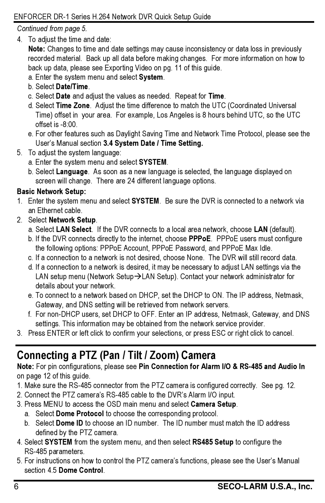 SECO-LARM USA DR-116Q, DR-104Q, DR-18Q Connecting a PTZ Pan / Tilt / Zoom Camera, Select Date/Time, Basic Network Setup 