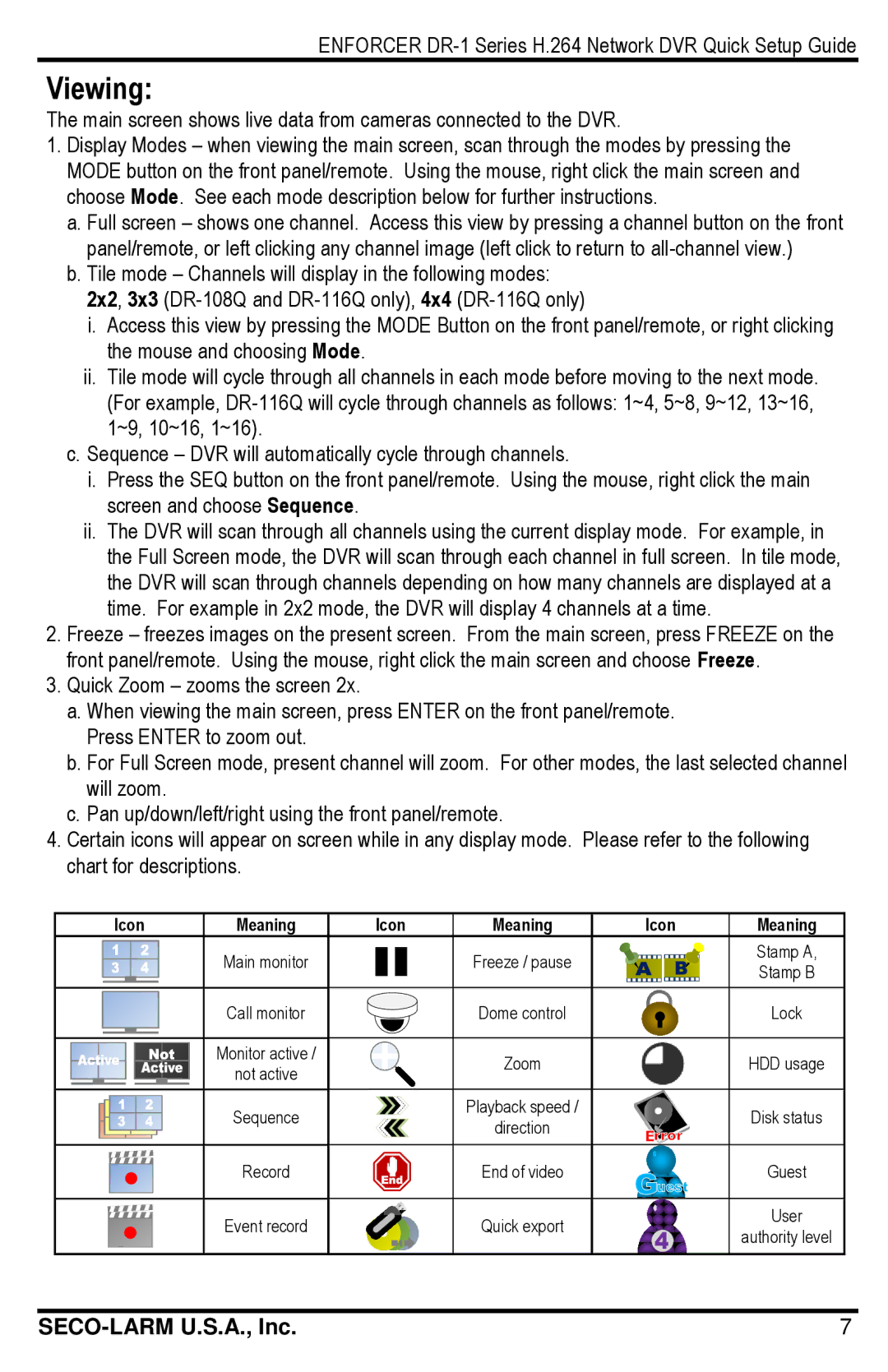 SECO-LARM USA DR-104Q, DR-116Q, DR-108-500Q, DR-18Q, DR-104-500Q, DR-116-1.0TQ setup guide Viewing, Icon Meaning 