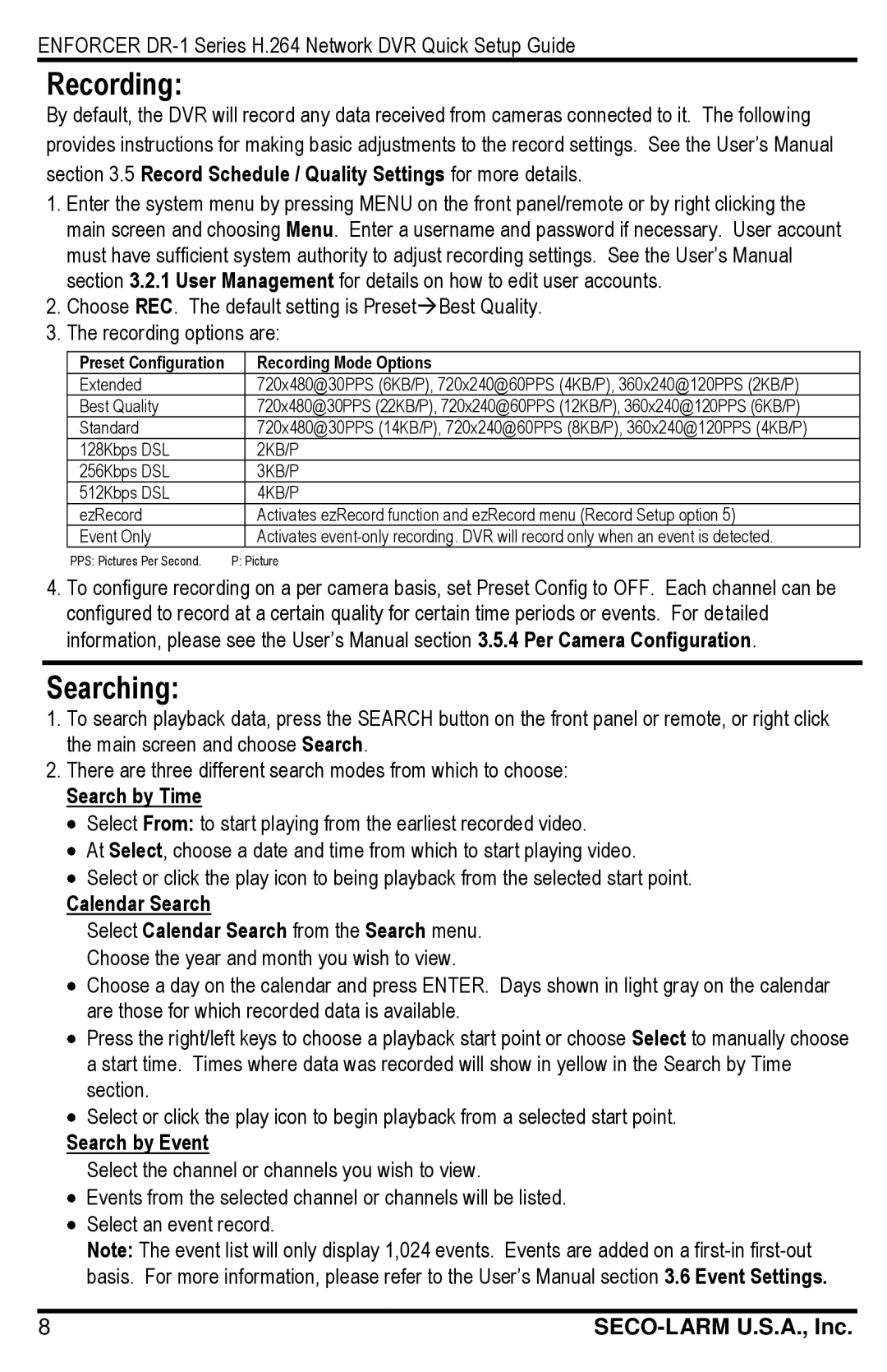 SECO-LARM USA DR-108-500Q Recording, Searching, Record Schedule / Quality Settings for more details, Search by Time 