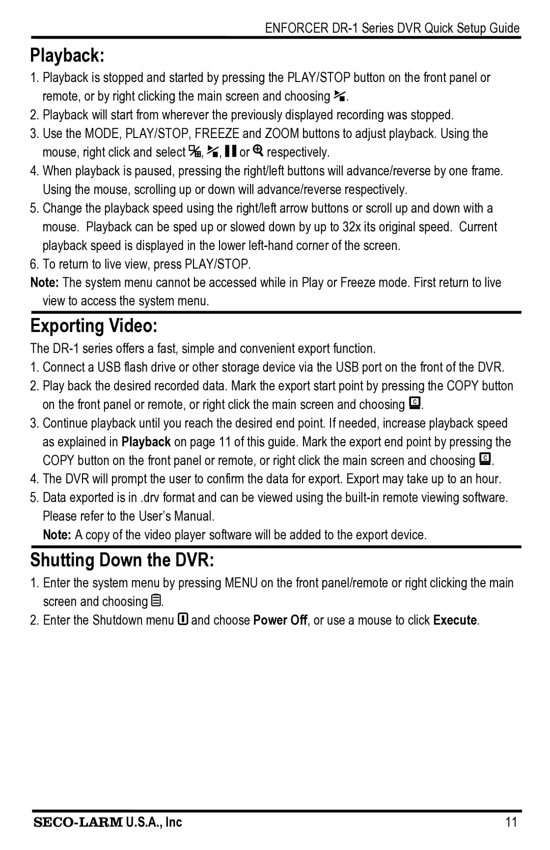 SECO-LARM USA DR-108Q, DR-116Q, DR-104Q setup guide Playback, Exporting Video, Shutting Down the DVR 