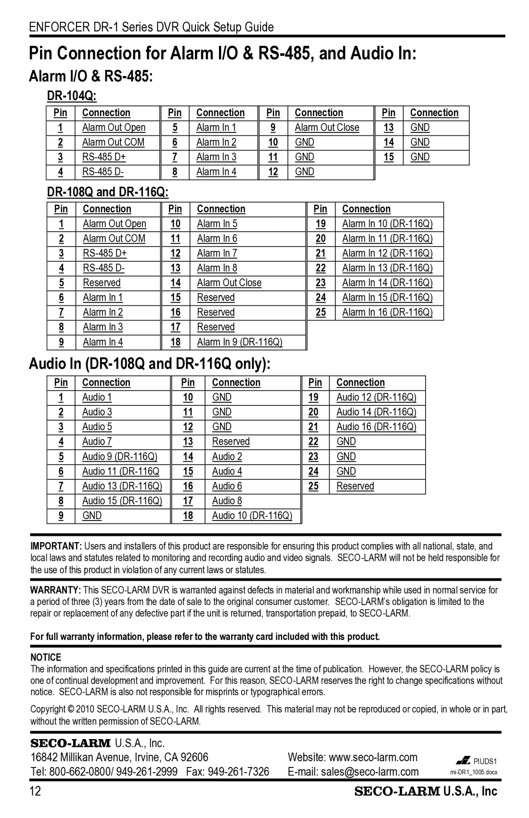 SECO-LARM USA DR-104Q setup guide Pin Connection for Alarm I/O & RS-485, and Audio, DR-108Q and DR-116Q 