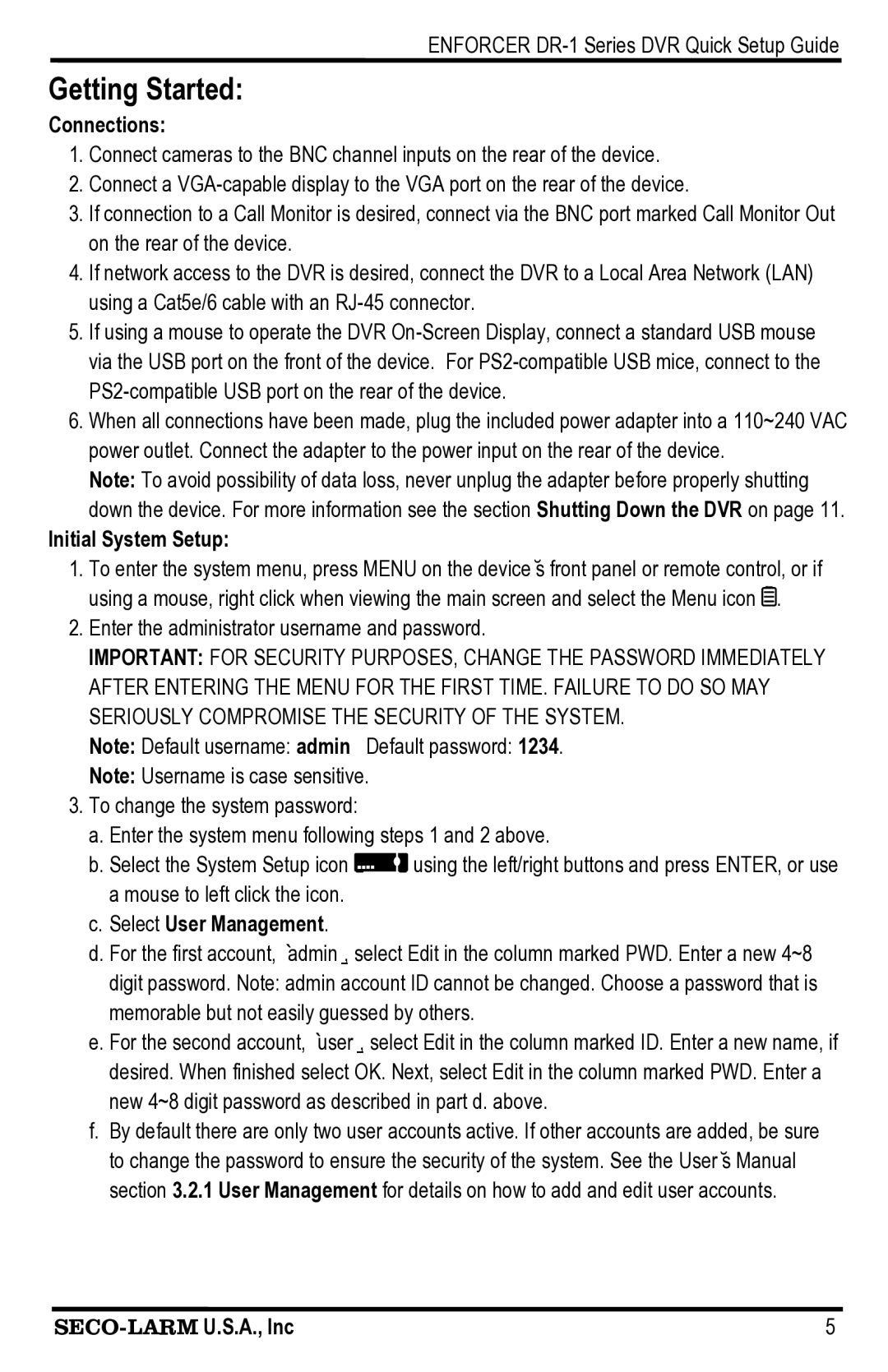 SECO-LARM USA DR-108Q, DR-116Q, DR-104Q Getting Started, Connections, Initial System Setup, Select User Management 