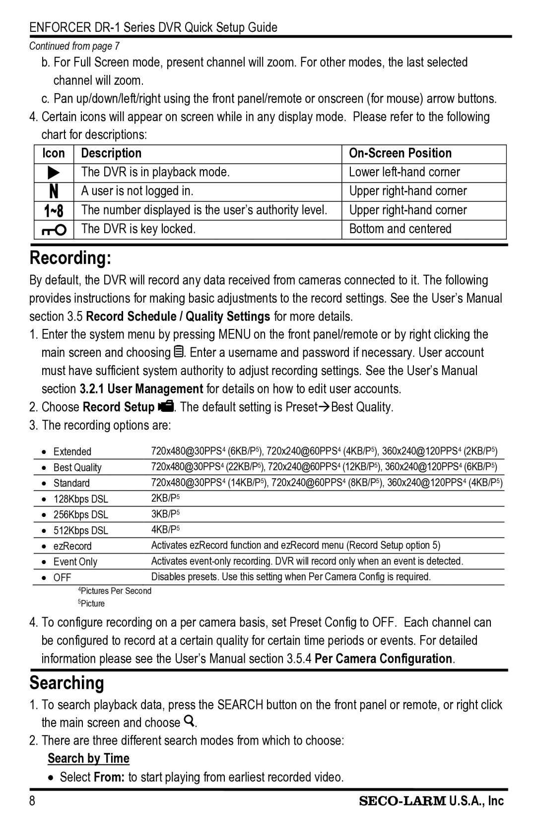 SECO-LARM USA DR-108Q Recording, Searching, Icon Description On-Screen Position, Search by Time, SECO-LARM U.S.A., Inc 