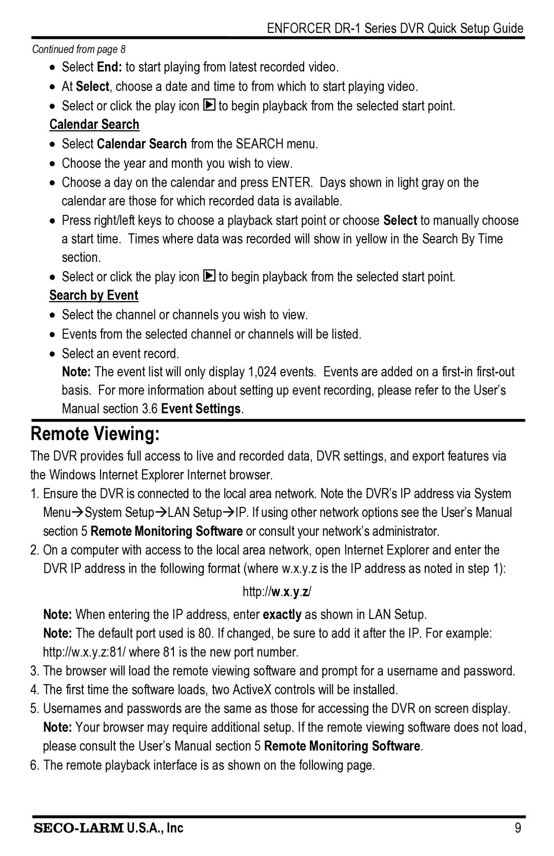 SECO-LARM USA DR-116Q, DR-104Q, DR-108Q setup guide Remote Viewing, Calendar Search, Search by Event 