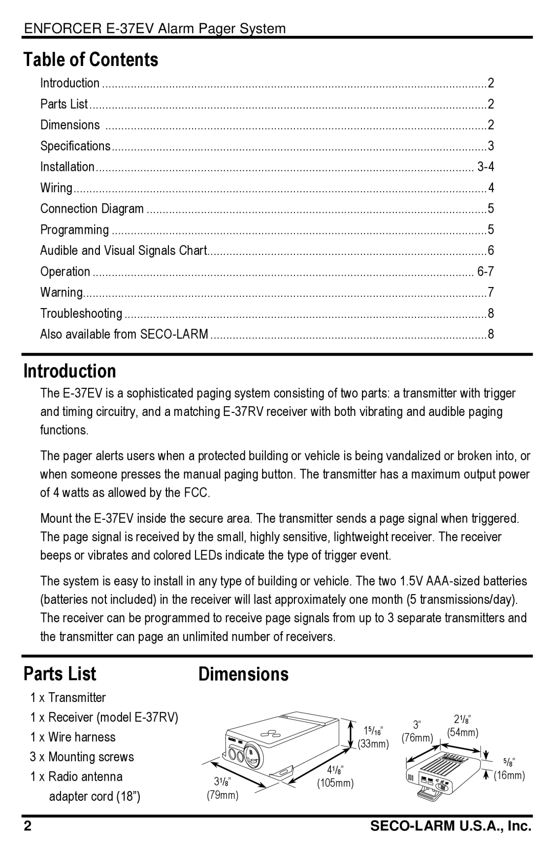 SECO-LARM USA E-37EV manual Table of Contents, Introduction, Parts List Dimensions 