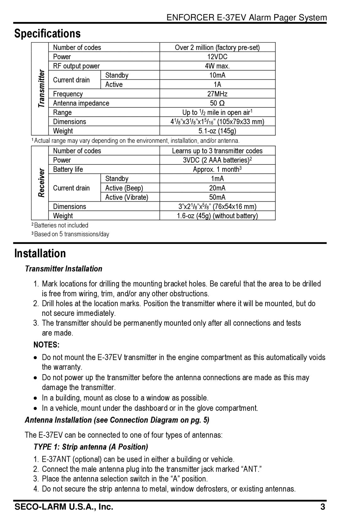 SECO-LARM USA E-37EV manual Specifications, Transmitter Installation, Antenna Installation see Connection Diagram on pg 