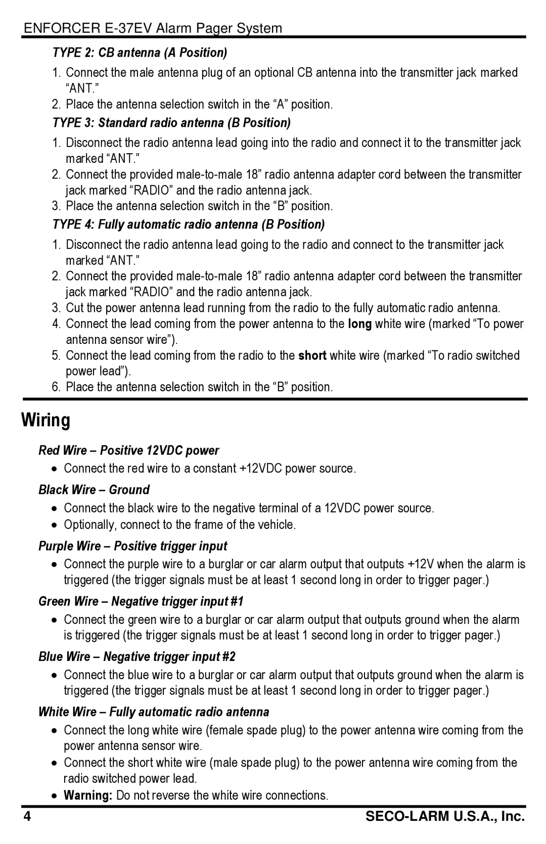 SECO-LARM USA E-37EV manual Wiring 